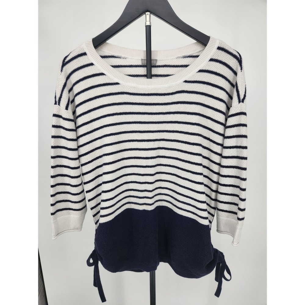 T by Talbots Womens Navy White Striped Coolmax Cotton Sweater Size L Side Ties